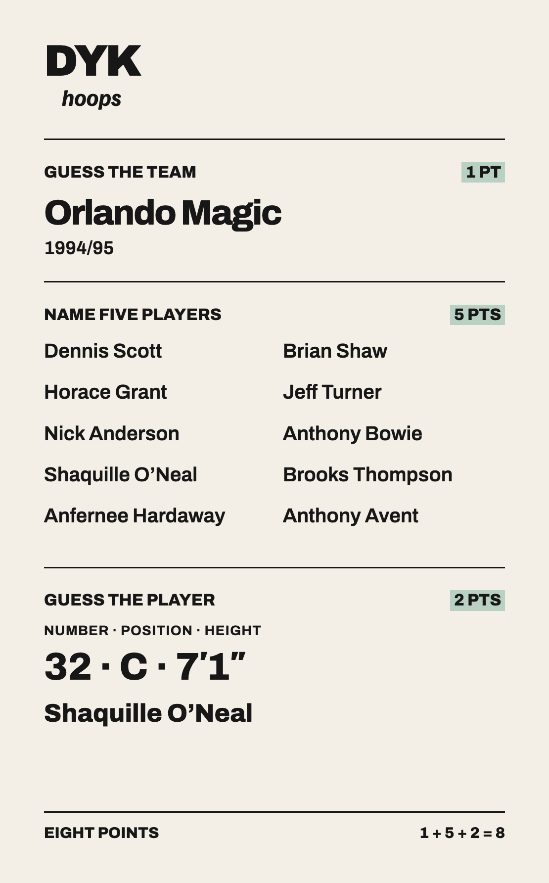 Orlando Magic, 1994/95. Players: Dennis Scott, Horace Grant, Nick Anderson, Shaquille O'Neal, Anfernee Hardaway, Brian Shaw, Jeff Turner, Anthony Bowie, Brooks Thompson, Anthony Avent. Mystery player: number 32, center, 7 feet 1 inch. Shaquille O'Neal.